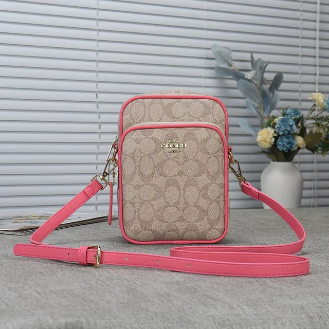 Coach Shoulder Bag Signature Canvas with Pink Trim