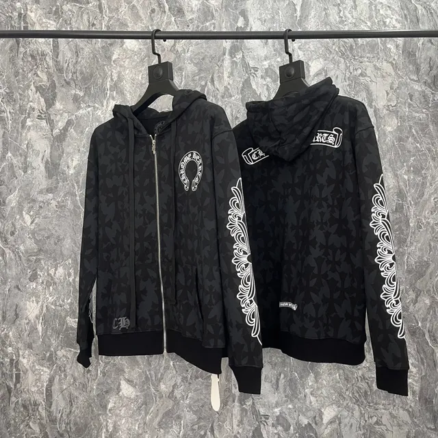 Chrome Hearts Zip-Up Hoodie All-Over Cross Print with Scroll Sleeve