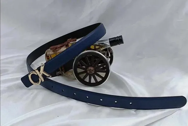 Calvin Klein Logo Buckle Belt Navy with Gold-Tone CK Logo