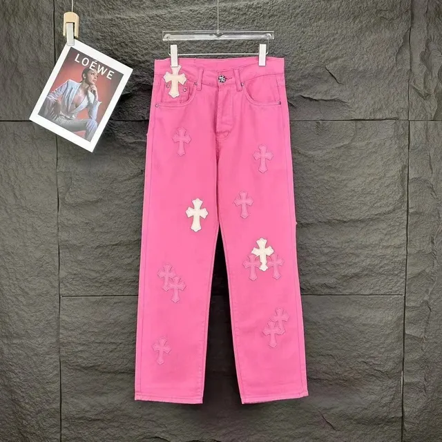 Chrome Hearts Cross Patch Jeans Pink with White Crosses
