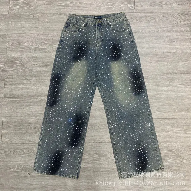 Straight-leg Jeans Crystal-Embellished Washed Denim