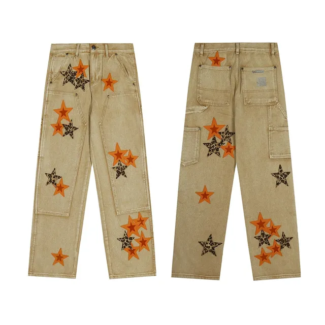 Corteiz Star Patch Cargo Jeans Leopard & Orange Star Appliqué