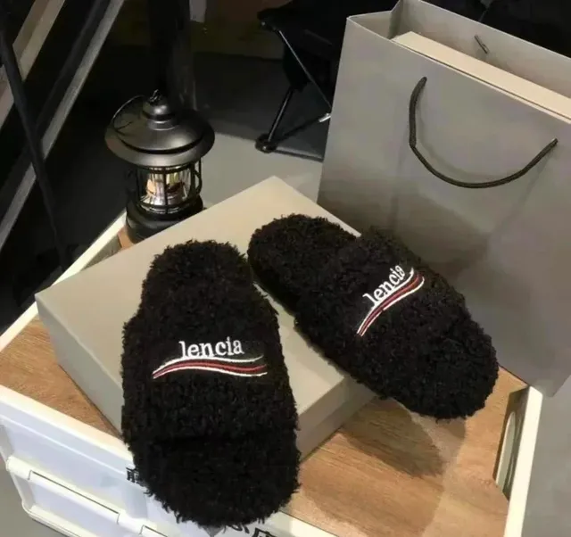 Balenciaga Fuzzy Slides Logo Embroidered