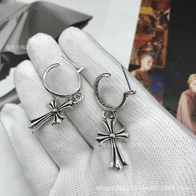 Chrome Hearts Cross Hoop Earrings Classic Cross Charm