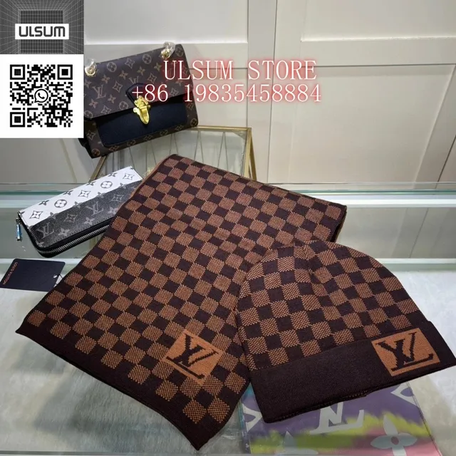 Louis Vuitton Damier Check Scarf and Beanie Set Brown Monogram