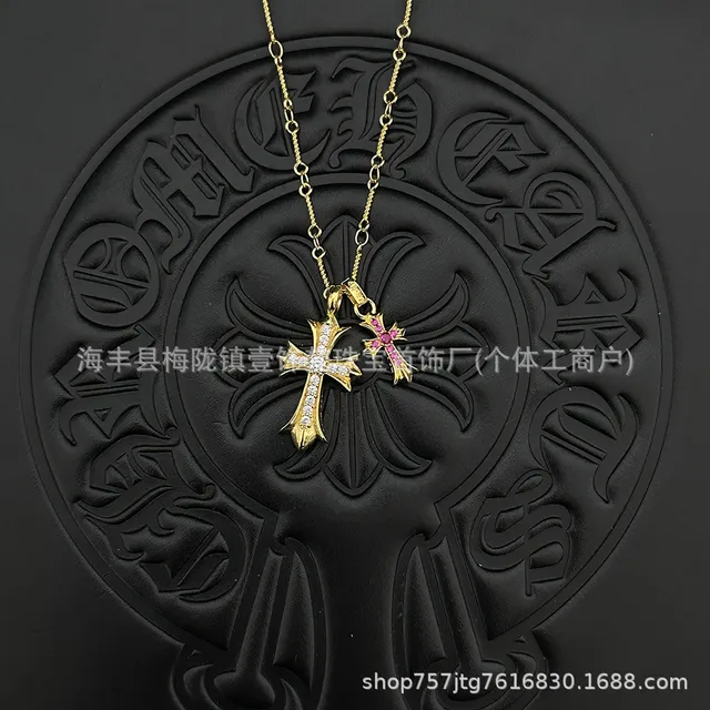 Chrome Hearts Cross Pendant Necklace Double Cross with Cubic Zirconia
