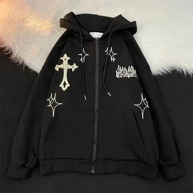 Chrome Hearts Zip-Up Hoodie Cross and Flame Embroidery