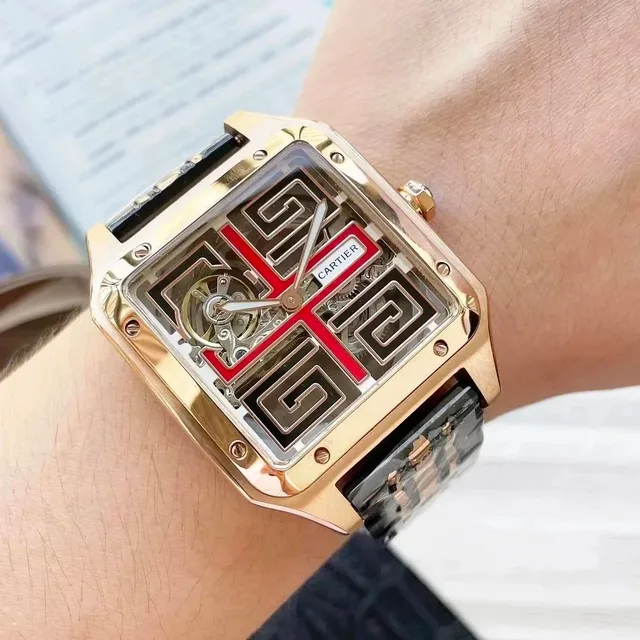 Santos de Cartier Skeleton Dial with Red Greek Key