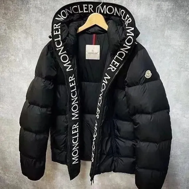 Moncler Logo Tape Puffer Jacket Black with White Logo Tape