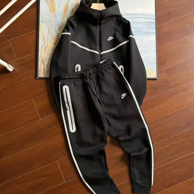 Nike Tech Fleece Hoodie and Joggers Black with White Stripe