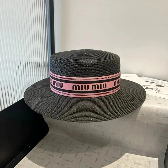 Miu Miu Straw Boater Hat Logo Band