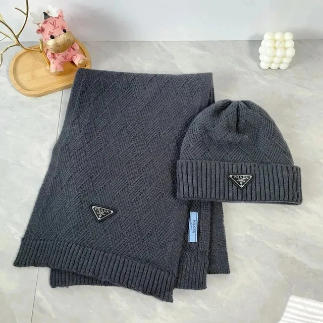Prada Knit Scarf and Beanie Set Triangle Logo