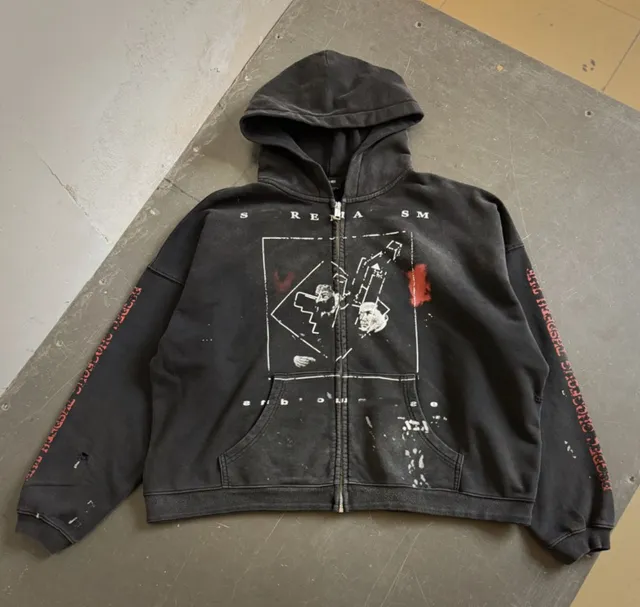 Mixed Emotion Zip-Up Hoodie Distressed Graphic Print