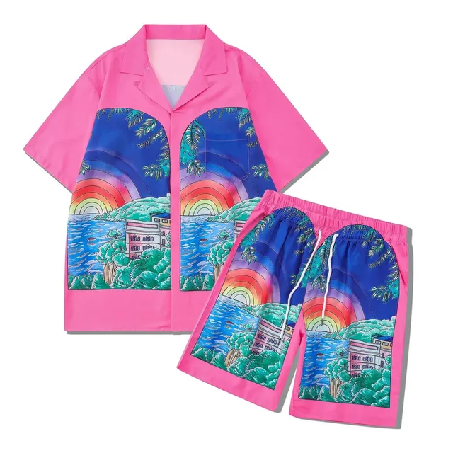 Casablanca Camp Collar Shirt and Shorts Set Rainbow Landscape Print