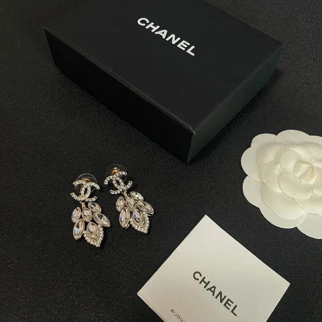 Chanel Crystal Earrings CC Logo Leaf Design