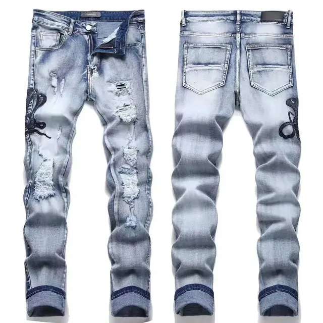 Amiri Distressed Slim Fit Jeans Snake Embroidery