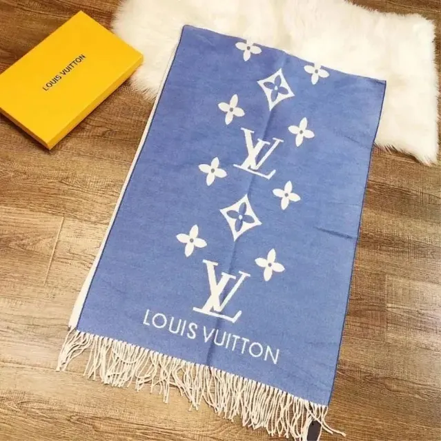 Louis Vuitton Monogram Scarf Denim Blue with White LV and Flowers