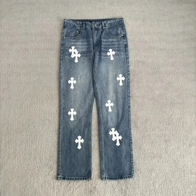 Chrome Hearts Cross Patch Jeans White Cross Embroidery