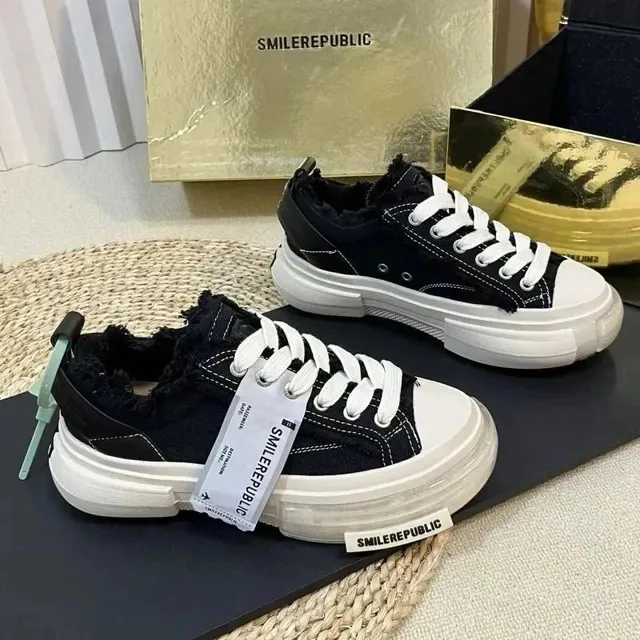 Chunky Canvas Sneaker Distressed Black with White Sole