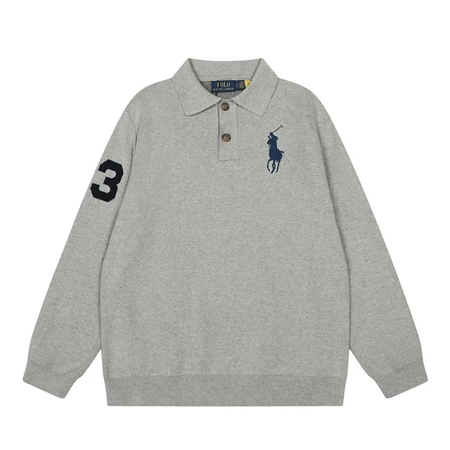 Polo Ralph Lauren Polo Knit Shirt Heather Grey with Navy Logo and Number