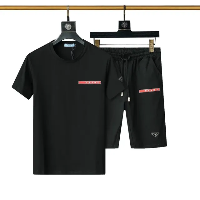Prada Logo Tee and Shorts Set Black with Red Logo Tape