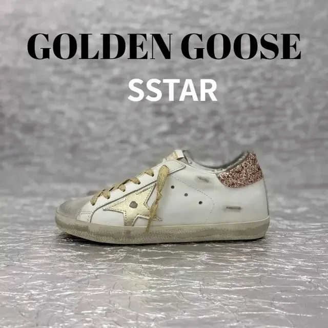 Golden Goose Superstar Distressed White with Gold Star and Glitter Heel