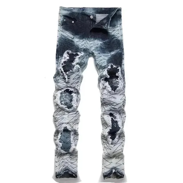 Distressed Slim Fit Jeans Geo Print Ripped