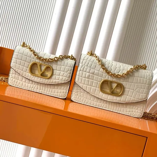 Valentino VLogo Chain Bag Crocodile-Embossed