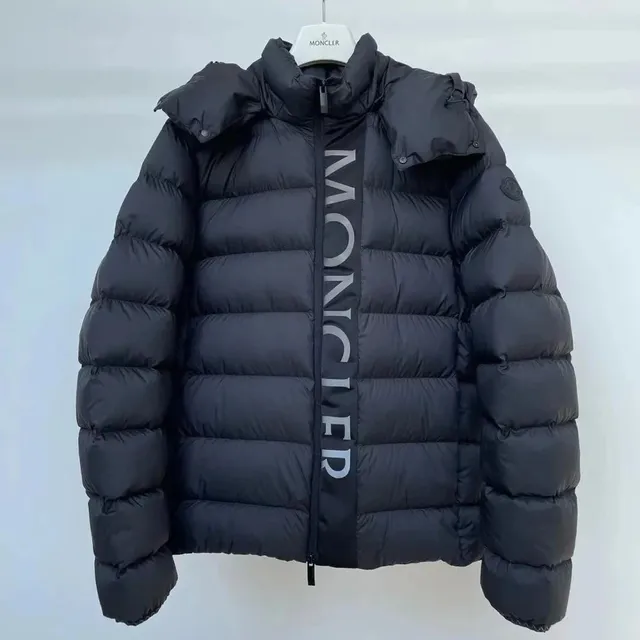 Moncler Logo Tape Puffer Jacket Black with White Logo Tape