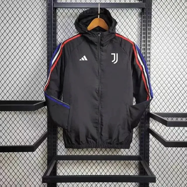 Adidas Juventus Windbreaker Jacket Black with Red and Blue Stripes