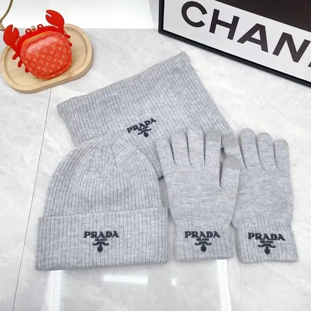 Prada Knit Beanie and Gloves Set Embroidered Logo