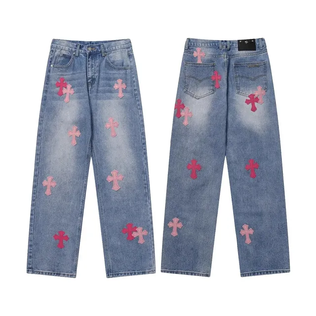 Chrome Hearts Cross Patch Jeans Pink Cross Embroidery