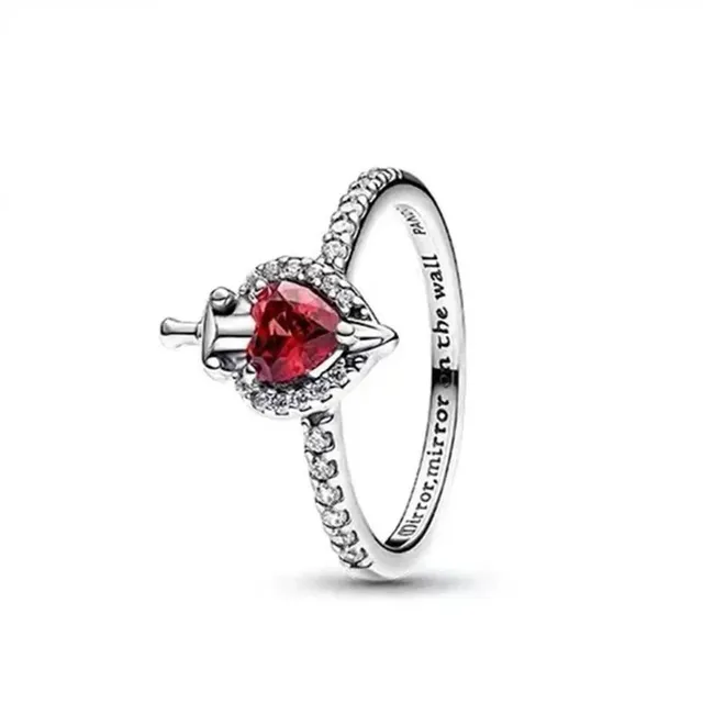 Pandora Mirror, Mirror on the Wall Ring Heart Red CZ with Sword Motif