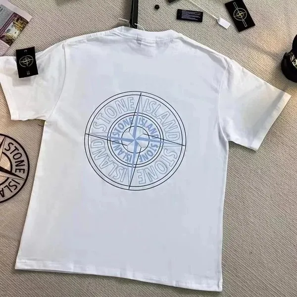 Stone Island Compass Logo T-Shirt White with Blue Compass Print