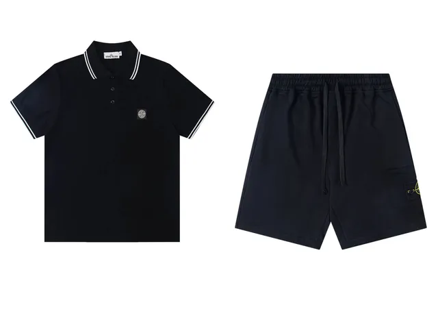 Stone Island Polo and Shorts Set Black with White Trim