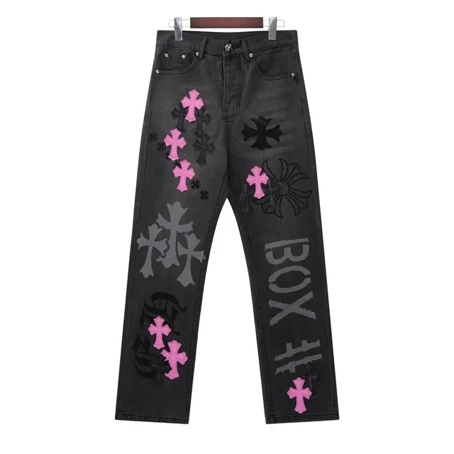 Chrome Hearts Cross Patch Jeans Black with Pink and Grey Crosses