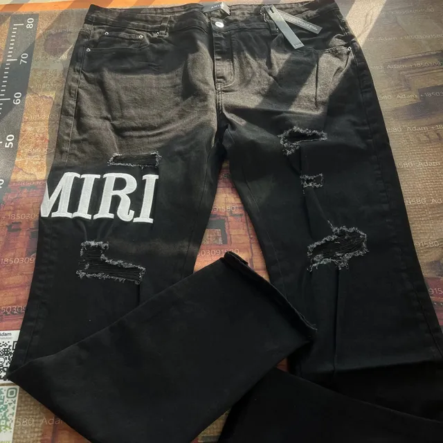 Amiri Distressed Logo Jeans Black with White Embroidery