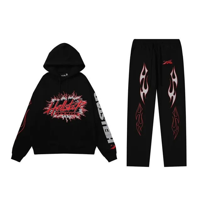 Hellstar Flame Graphic Hoodie and Joggers Set Black with Red Flame Print