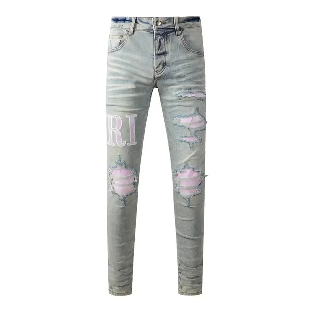Amiri Distressed Skinny Jeans Pink Patch Logo