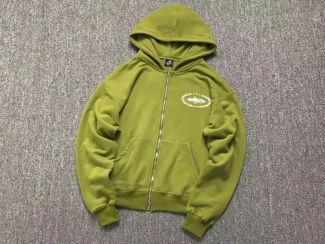 Corteiz Zip-Up Hoodie Olive Green with White Logo