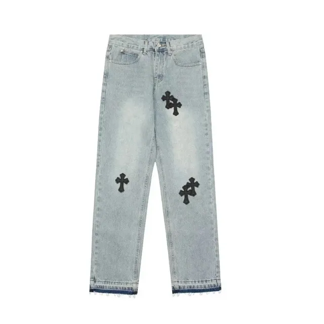 Chrome Hearts Cross Patch Jeans Light Wash with Black Cross Embroidery