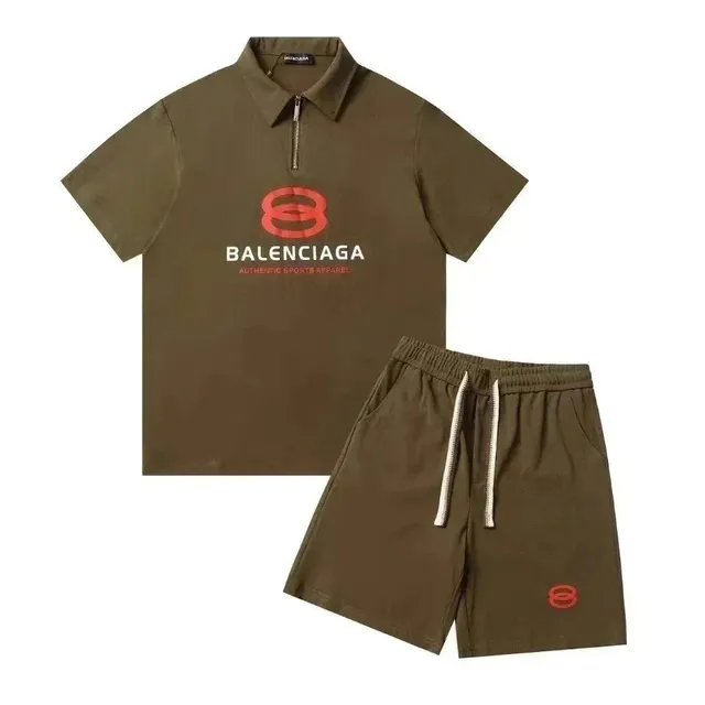 Balenciaga Polo and Shorts Set Olive with Red Logo