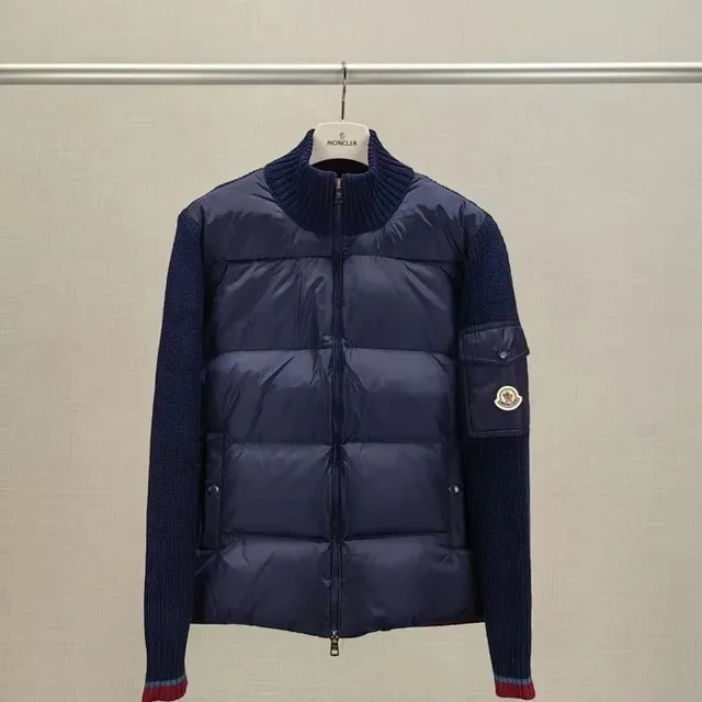 Moncler Knit-Sleeve Puffer Jacket Navy with Ribbed Knit Sleeves