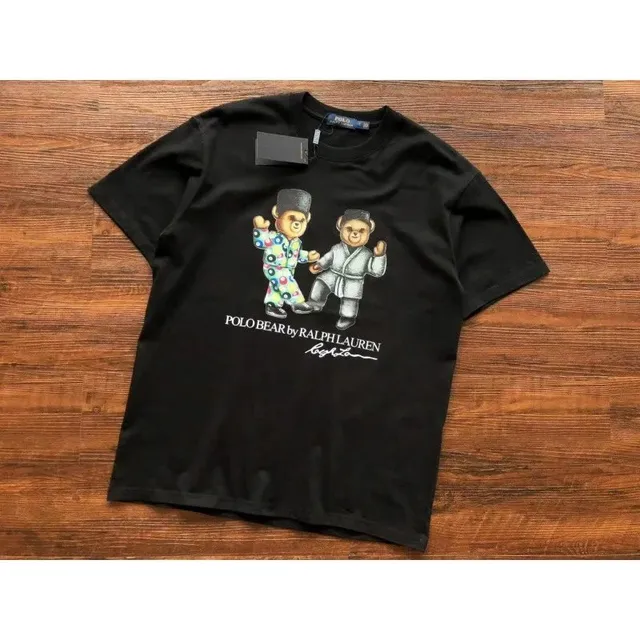 Polo Ralph Lauren tee black with two bear graphics in traditional and patterned outfits