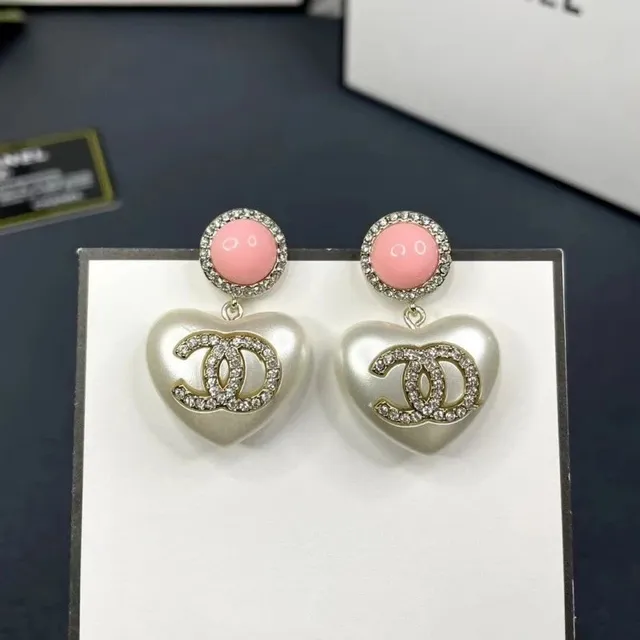 Chanel Heart Earrings Pearlized with Crystal CC