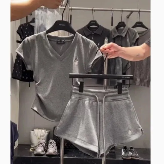 Fear of God Essentials V-Neck Tee & Shorts Set Heather Grey