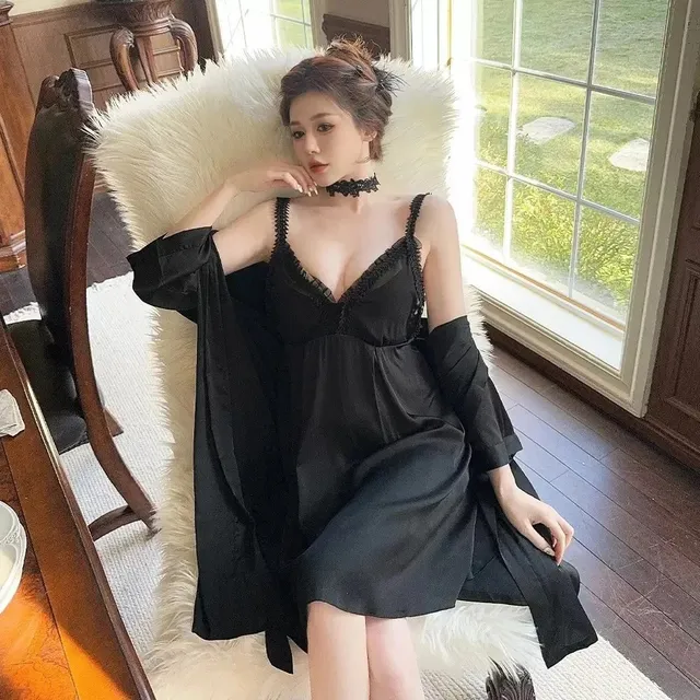 Lingerie Dress with Robe Satin Lace Trim