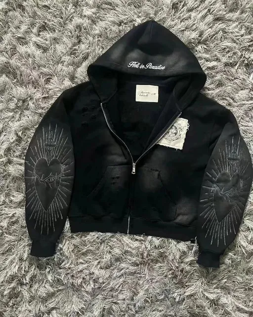 Hellstar Embroidered Heart Sleeve Zip-Up Hoodie