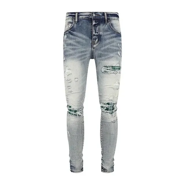 Amiri Distressed Skinny Jeans Washed Blue with Green Patchwork
