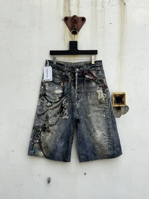 Acne Studios Distressed Denim Shorts Chain-Adorned